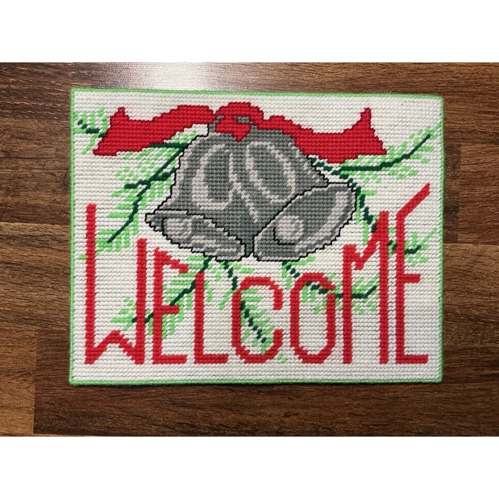 VTG Handmade WELCOME Plastic Canvas Needlepoint Christmas Bells Wall Decor